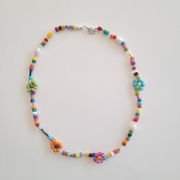Rainbow Seed Bead Daisy Chain Necklace - Picture 1 of 5